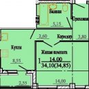 Планировка квартиры в Микрорайон Просторный, 1 очередь, г. Иваново, общая площадь 34.10 кв. м.